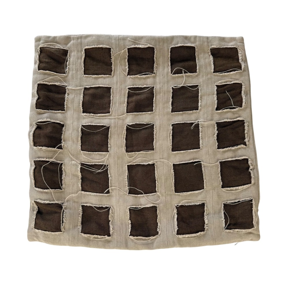 Ryan Studio 22x22 Linen Pillow Cover Brown Oatmeal Grid Applique Modern Organic